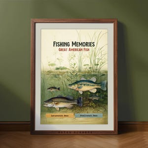 Vintage print zeebaarsvissen: kunst aan de muur Cabin Lake House (digitale download)