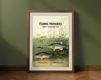 Vintage Bass Fishing Print: Cabin Lake House Wall Art (Digital Download)