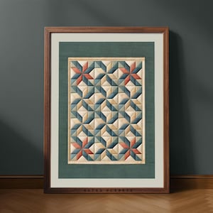 Utskrivbar väggkonst med lapptäcke | Blågrönt geometriskt quilttryck | Vintageinspirerad dekor | Digital nedladdning