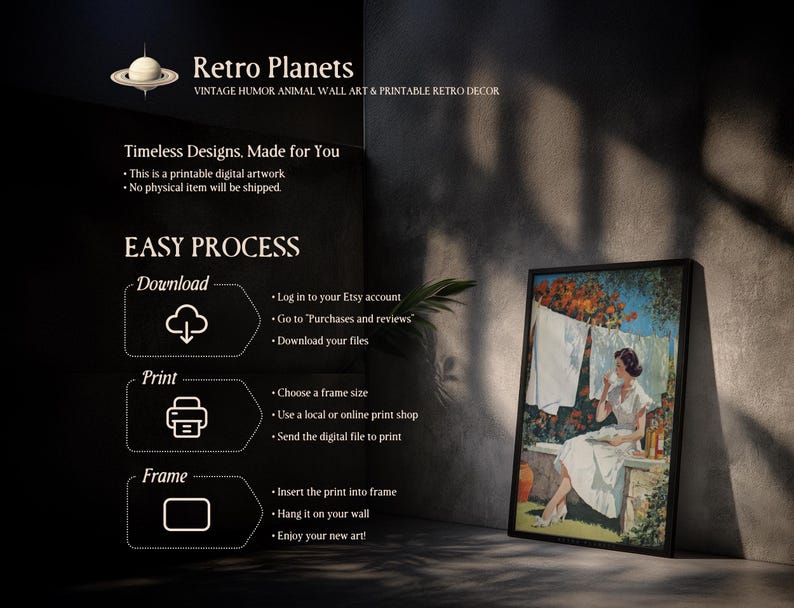Retro Planets laundry wall art download-print-frame infographic in dark moody setting.