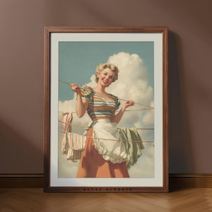 Retro Housewife Laundry Room Art Print – Funny Woman Hanging Clothes Poster, Bright Retro Utility Room Decor, Guest Bathroom Wall Sign