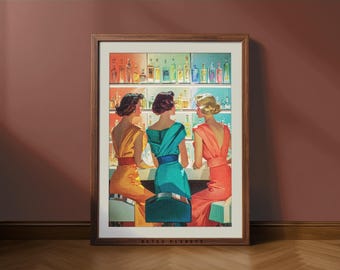 Retro Women at Bar Print – Mid-Century Modern Cocktail Lounge (Digital Download)