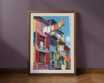 Impression artistique colorée sur une corde à linge – Poster rétro de la buanderie (téléchargement numérique)