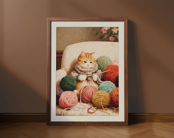 Retro Cat Knitting Print – Cozy Yarn Illustration (Digital Download)