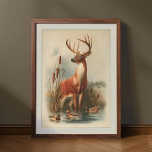 Rustic Deer and Duck Art Print – Vintage Wildlife Poster for Cabin Decor, Hunting Lodge Wall Art, Nature Lover Gift, Outdoor Scene