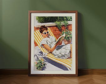 Retro Book Club Wall Art – Woman Reading Print, Vintage Literary Decor (Digital Download)