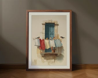 Laundry Room Printable: Vintage Clothesline, Birds, Farmhouse Window (Digital Download