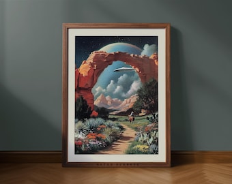 Retro UFO Landscape Print – Desert Canyon Sci-Fi Wall Art | Western Arch Art (Digital Download)