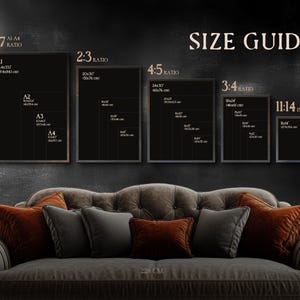 UFO western poster size guide mockup showing multiple print ratios displayed above a rustic-modern sofa.
