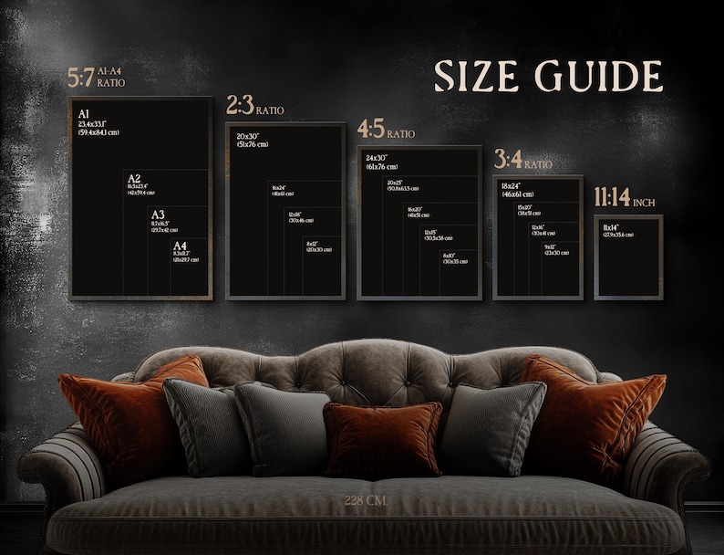 UFO western poster size guide mockup showing multiple print ratios displayed above a rustic-modern sofa.
