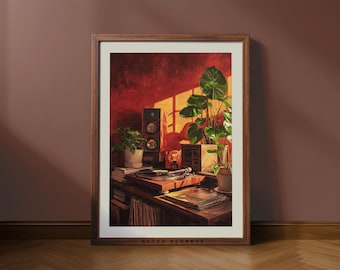 Impression de tourne-disque vinyle rétro, oeuvre d'art murale confortable pour salle de musique, décoration en vinyle nostalgique chaleureuse, oeuvre d'art pour platine vinyle vintage (téléchargement numérique)