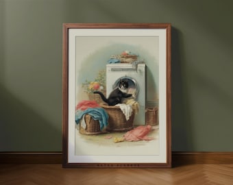 Black Cat Laundry Room Art: Vintage Style Print (Digital Download