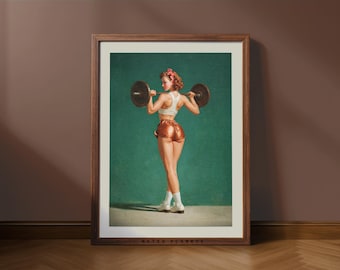 Arte de parede retrô de garota da academia – Pôster vintage de levantamento de peso para decoração de academia em casa (Download digital)