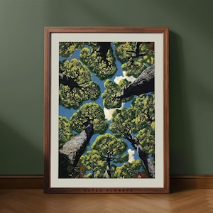 May include: A framed art print featuring a low-angle view of trees with lush green foliage against a blue sky with white clouds. The artwork is in a brown wooden frame and is leaning against a dark green wall.