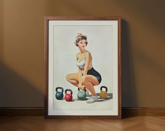 Retro Gym Girl Wall Art – Vintage Fitness Poster for Home Gym Decor (Digital Download)