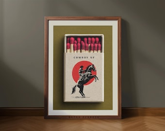 Retro Cowboy Matchbox Art Print: Western Americana Decor (Digital Download)