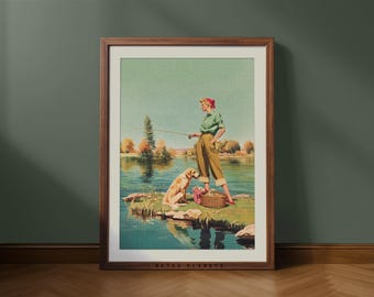 May include: Framed vintage print of a woman fishing with a golden retriever. The woman wears a green shirt, tan pants, and a red headscarf. The print has a retro style with a lake and trees in the background.