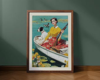 Retro Hunting Poster Art, Vintage Lake Hunting Scene with Dog, Cabin Wall Art, Lake House Decor, Outdoorsy Mid Century (Digital Download)