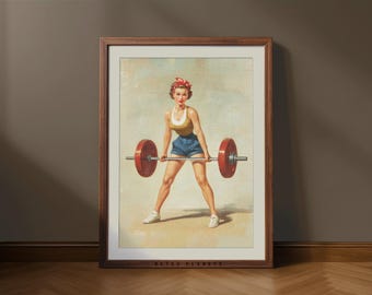 Retro Gym Girl Wall Art – Vintage Fitness Poster for Home Gym Decor (Digital Download)