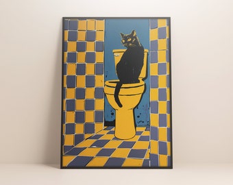 Retro Funny Bathroom Print Cat on the Toilet Art Poster, Toilet Art Print, Wall Art for Restrooms, Printable Fun Wall Art Toilet Poster