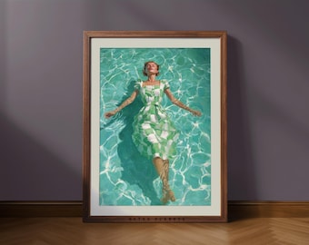 Impresión retro de mujer nadando en la piscina: arte costero vintage de verano (descarga digital)