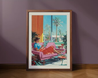Retro Reading Nook Art Print – Mid-Century Modern Book Lover Decor (Digital Download)