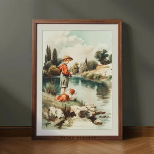 Vintage Boy Fishing Print: Peaceful Lake Scene Nursery Decor (Digital Download)