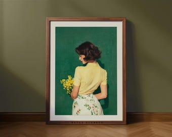Stampa digitale con ritratto floreale verde smeraldo - Donna retrò con fiori (Download digitale)