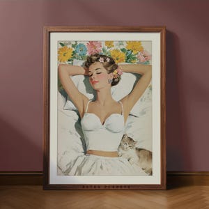 Vintage Pin Up Girl Wall Art, 1950s Retro Illustration with Cat, Mid Century Printable Wall Decor, Glamour Poster Digital Download