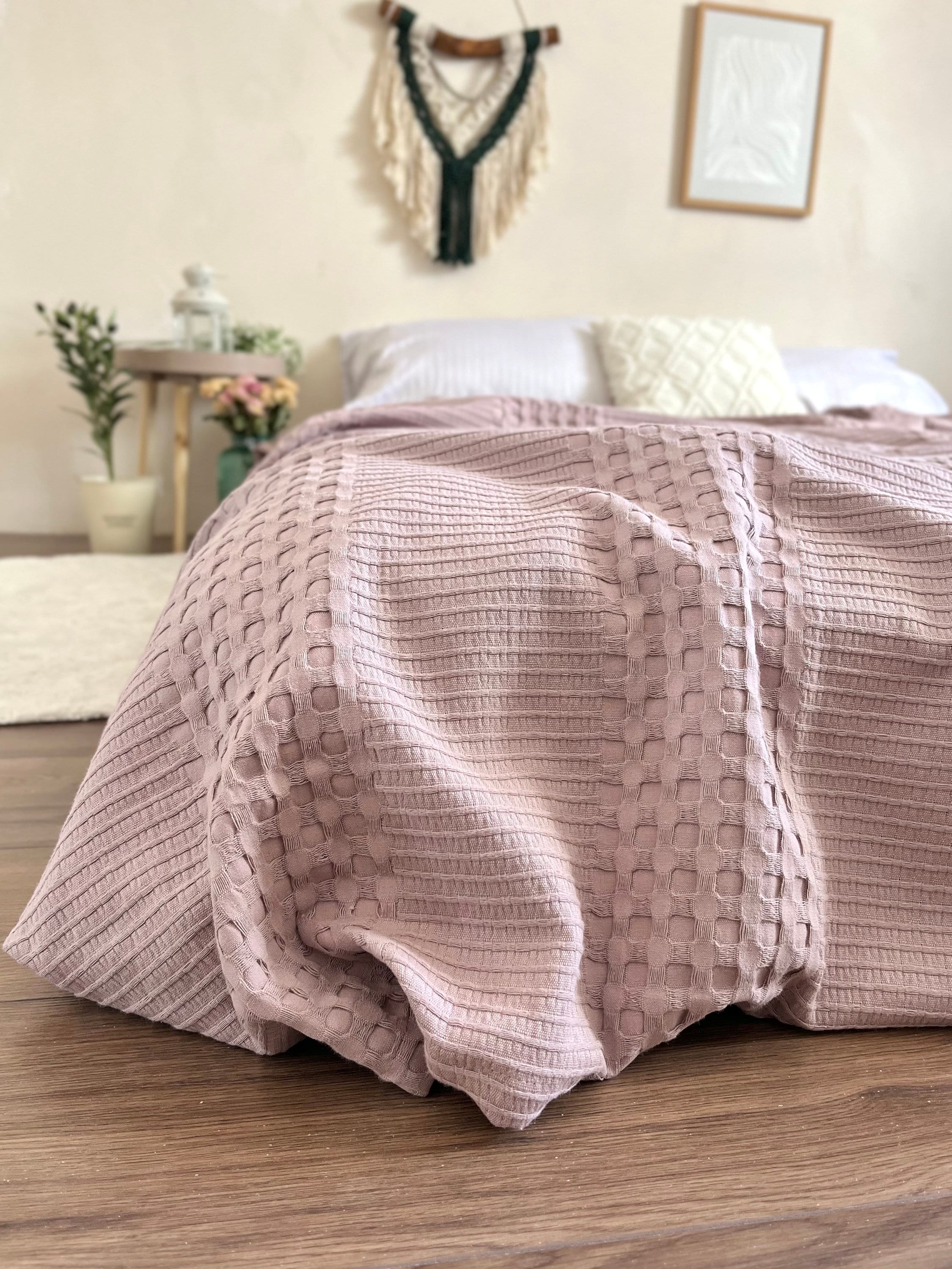 ベッドスプレッド ZEINTEX「ワッフル」コットン パープルパウダー