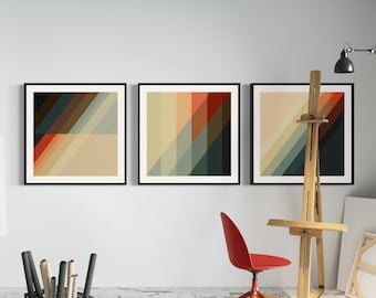 Download → Drieluik retro geometrische hoek afdrukbare muurkunst minimalistische retro jaren 70 abstract MCM Scandinavische Brady Bunch | Beige Blauw Oranje Rood