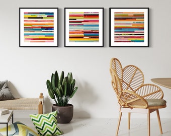 Digitale download kunst aan de muur 3 afdrukken set Boho esthetische strip patchwork moderne minimale kunstwerken lineaire abstracte kunst Boho collagepatroon
