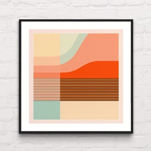 May include: Abstract geometric art print with a black frame. The print features a design of overlapping shapes in shades of orange, pink, beige, and green.