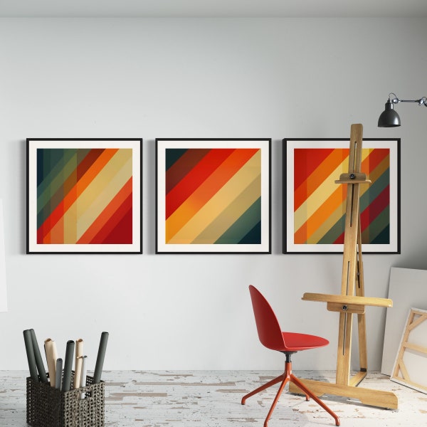 Download → "Triptych Retro Stripes" / Geometric / Wall Art 3 Prints / Contemporary Art / Mid Century Modern / Modern Design Set