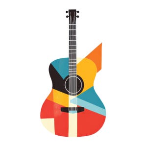 Op de afbeelding: Een kleurrijke akoestische gitaar met een geometrisch ontwerp in tinten rood, geel, blauw en zwart. De gitaar heeft een houten body en een zwarte hals met zilveren stemknoppen.