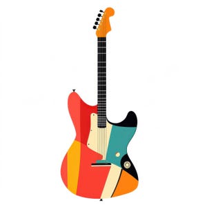 Op de afbeelding: Een kleurrijke elektrische gitaar met een geometrisch ontwerp in rood, oranje, geel, blauw en zwart. De gitaar heeft een zwarte kop en een wit slagbord.