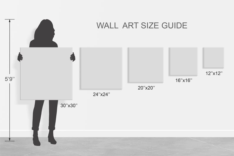 Op de afbeelding: Een maattabel voor wandkunst, met een persoon die naast verschillende formaten canvas staat. De canvasdoeken zijn gelabeld met hun afmetingen in inches, zoals 12"x12", 16"x16", 20"x20", 24"x24", en 30"x30".