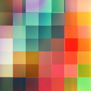 May include: Abstract geometric pattern with squares in shades of green, blue, red, orange, yellow, and brown.