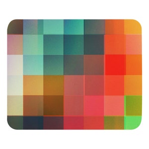 May include: Abstract geometric pattern with a grid of squares in shades of green, brown, red, and orange.