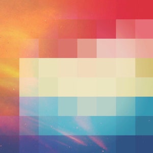 Könnte beinhalten: Abstrakte digitale Kunst mit einem pixeligen Design. Das Bild zeigt einen Farbverlauf mit Orange, Rot, Rosa, Gelb, Blau und Lila.