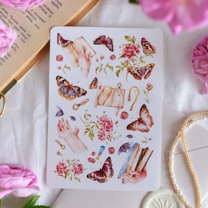 Stickervel Boek en lezen vlinderstickers boekenliefhebber cadeau leeslijststickers boekenwurm vintage stickers boek en roos stickervel