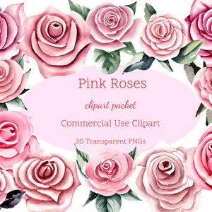 20 Clipart de rosas cor-de-rosa em aquarela | Rosas cor-de-rosa PNG | Clipart de flores em aquarela | Gráficos de rosas cor-de-rosa em aquarela | Pacote de clipart de rosas cor-de-rosa