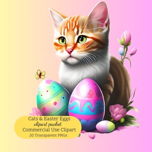 20 cliparts chats et oeufs de Pâques | Clipart de Pâques | Graphismes colorés d'oeufs de Pâques | Graphismes mignons de Pâques | Adorables graphiques de chat