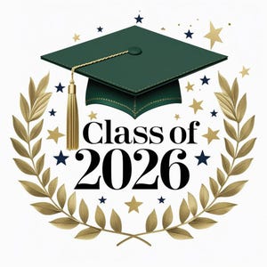 Op de afbeelding: Een afstudeer-thema grafiek met een groene baret, gouden kwast en lauwerkrans. De tekst "Class of 2026" is in zwart, omringd door gouden en marineblauwe sterren, ideaal voor afstudeeraankondigingen.