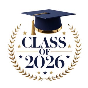 Könnte beinhalten: Eine marineblaue Abschlusskappe mit goldener Quaste und Zierleiste, über den Worten "CLASS OF 2026" in Marineblau. Der Text ist von einem goldenen Lorbeerkranz und goldenen Sternen auf weißem Hintergrund umgeben.