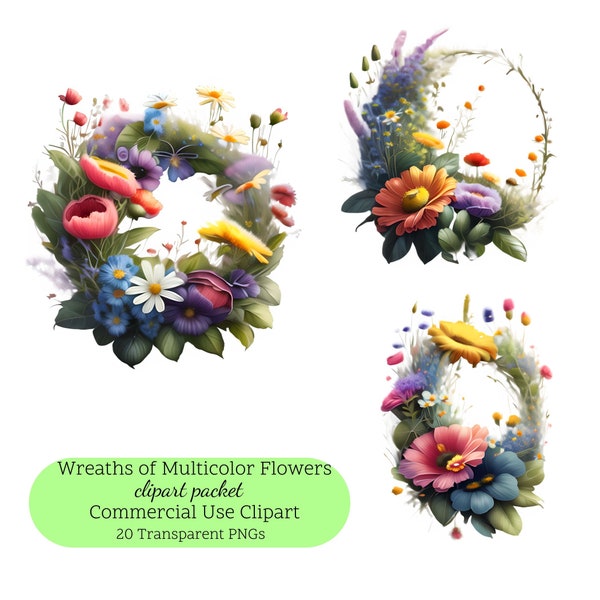 20 couronnes de fleurs sauvages | Couronnes de fleurs | Graphiques de couronne | Décoration d'intérieur | Clipart couronne de fleurs