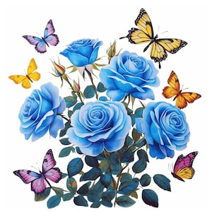 20 Blue Rose Bushes with Butterflies | Blue Rose Bushes PNG | Blue Roses Graphics | Roses Clipart | Blue Flowers Clipart