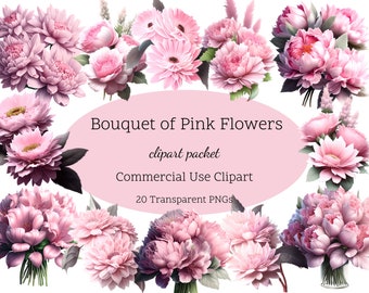 20 Bouquet of Pink Flowers Clipart | Flowers Clipart | Beautiful Bouquet of Flowers | Wedding Flowers | Spring Flowers | Flowers Graphics