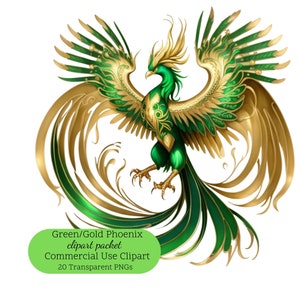 20 Clipart di fenice verde e oro / Clipart di fenice magica / Grafica di uccello mistico / Clipart mistica / Clipart fantasy / Creature mitiche