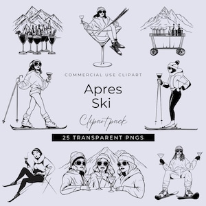 Illustration von Winter Apres Ski Clipart für Junggesellinnenabschied, Ski Martini Mädchen im wunderlichen Stil und Cocktails, Mädchen Ski Ausflug einladen